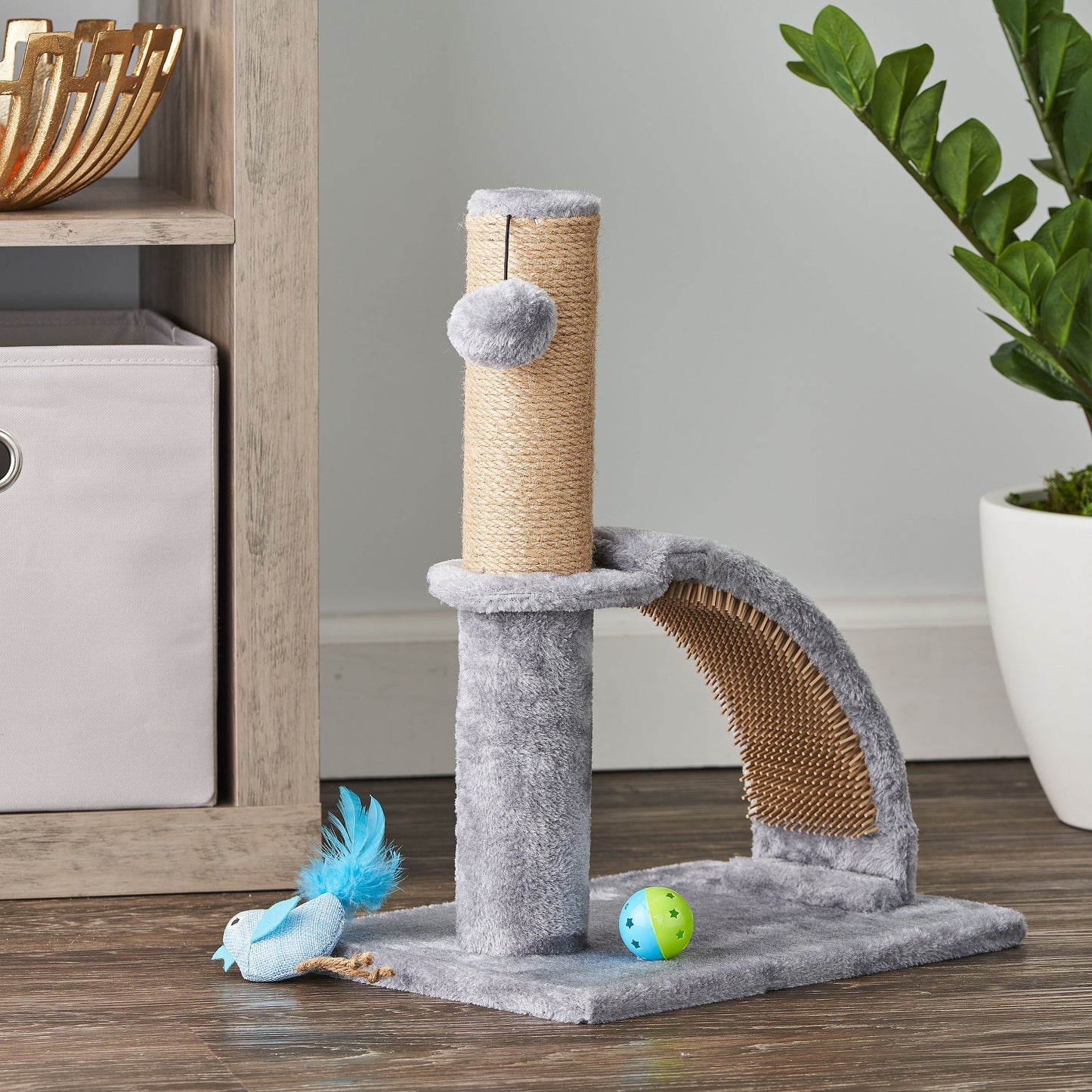 17-Inch Deluxe Jute Cat Scratching Post with Arch Grooming Massager, Gray, Single Unit