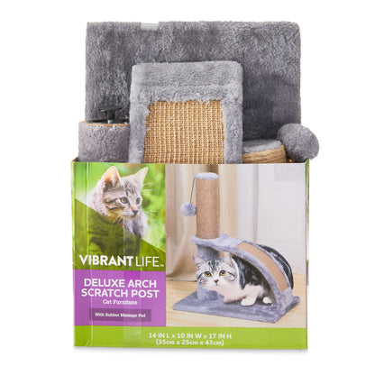 17-Inch Deluxe Jute Cat Scratching Post with Arch Grooming Massager, Gray, Single Unit